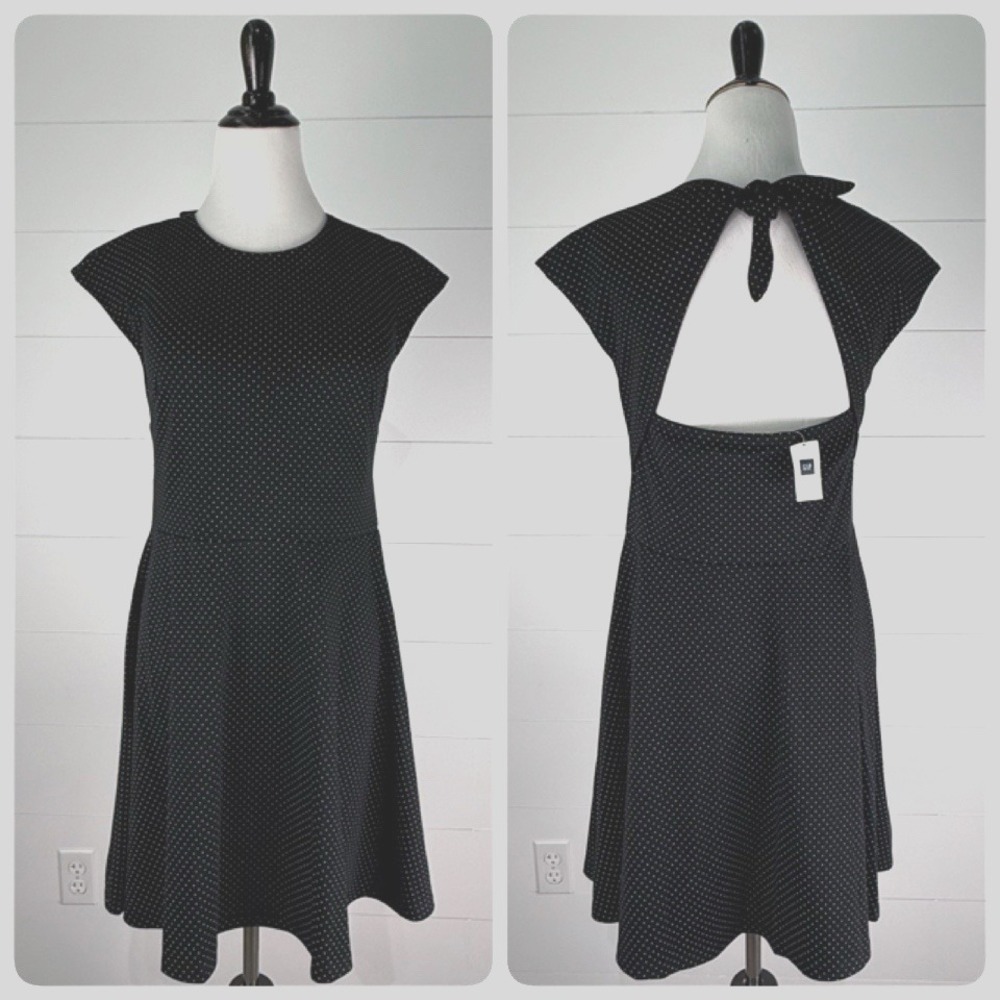 New Gap Dress Women 10 M Black White Dainty Polka Dot Retro Cutout Cap Sleeve